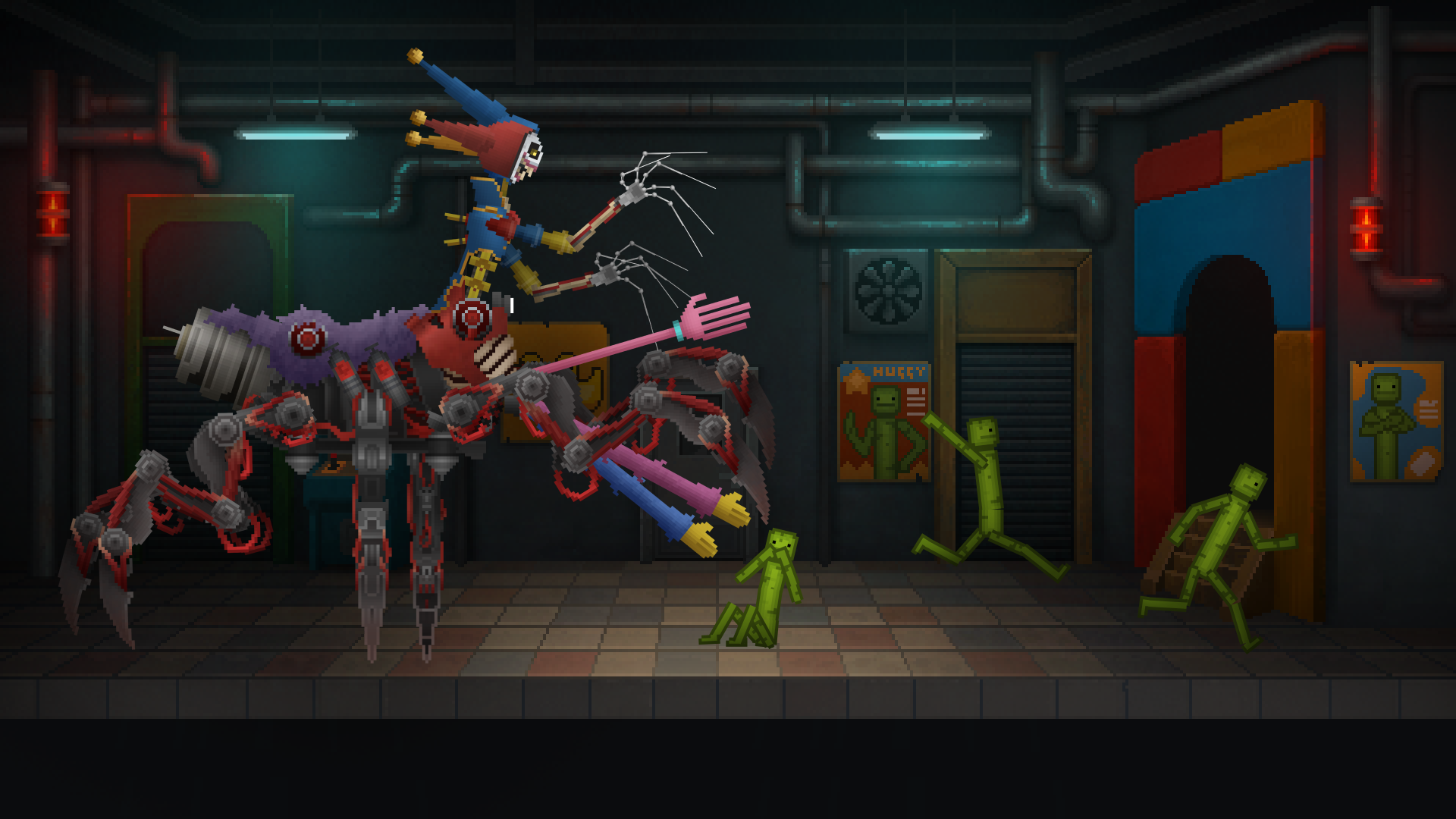 Poppy Playtime creatures confront Melon Sandbox characters inside the toy factory.